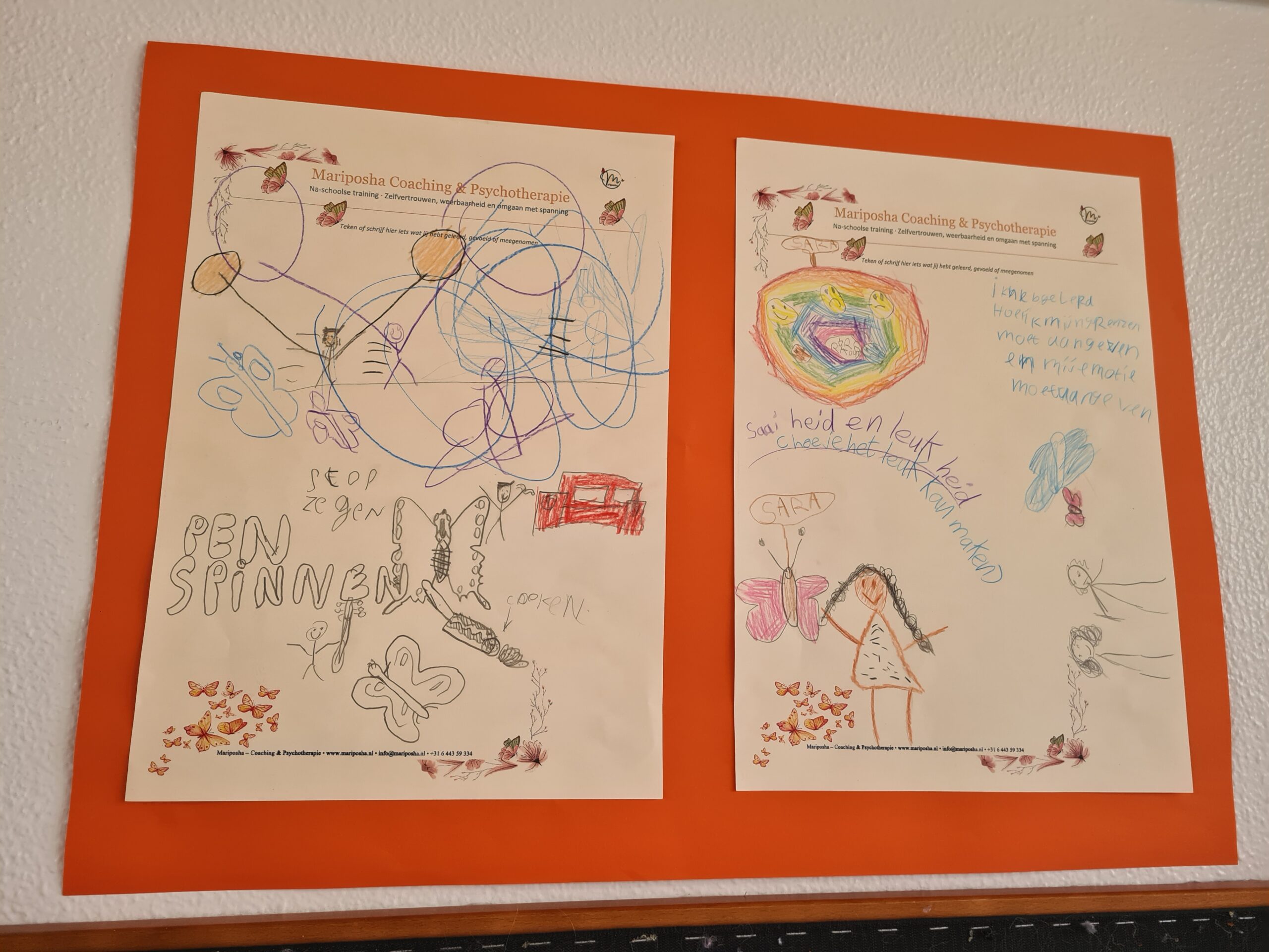 Expressieve tekening van een kind met spiralen, gemaakt tijdens de naschoolse training van Mariposha Den Haag